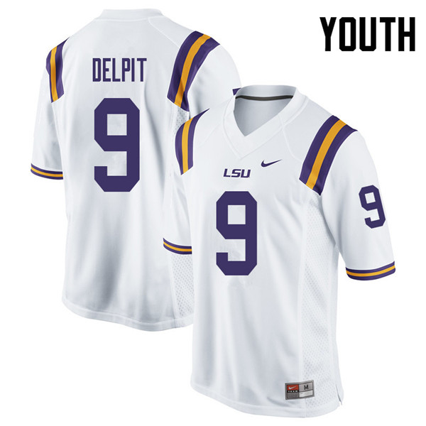 Youth #9 Grant Delpit LSU Tigers College Football Jerseys Sale-White